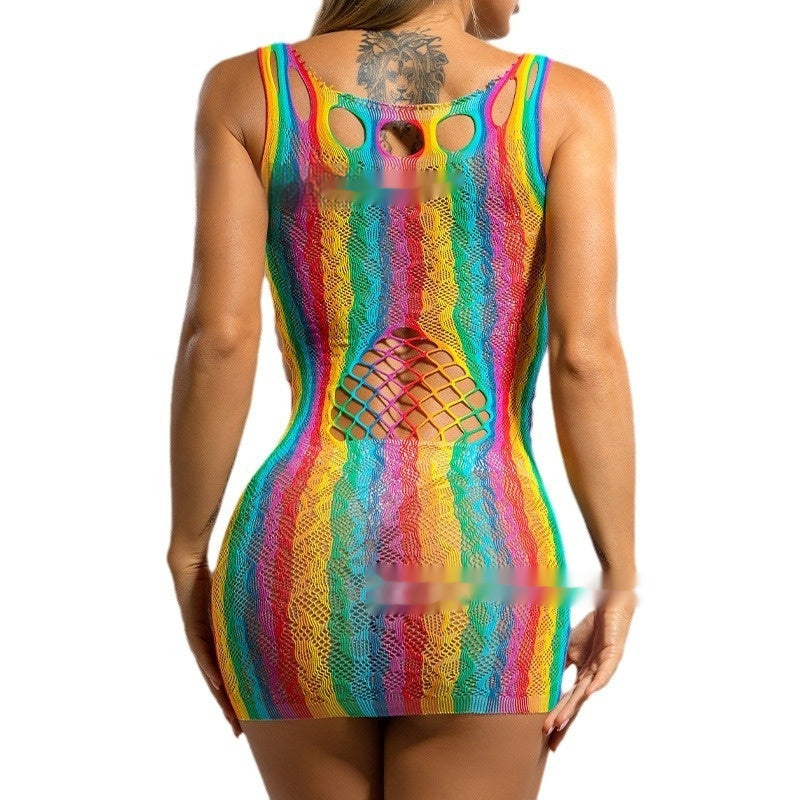 Sexy Stockings Sexy Rainbow Color Short Skirt Large Mesh Hollow Out