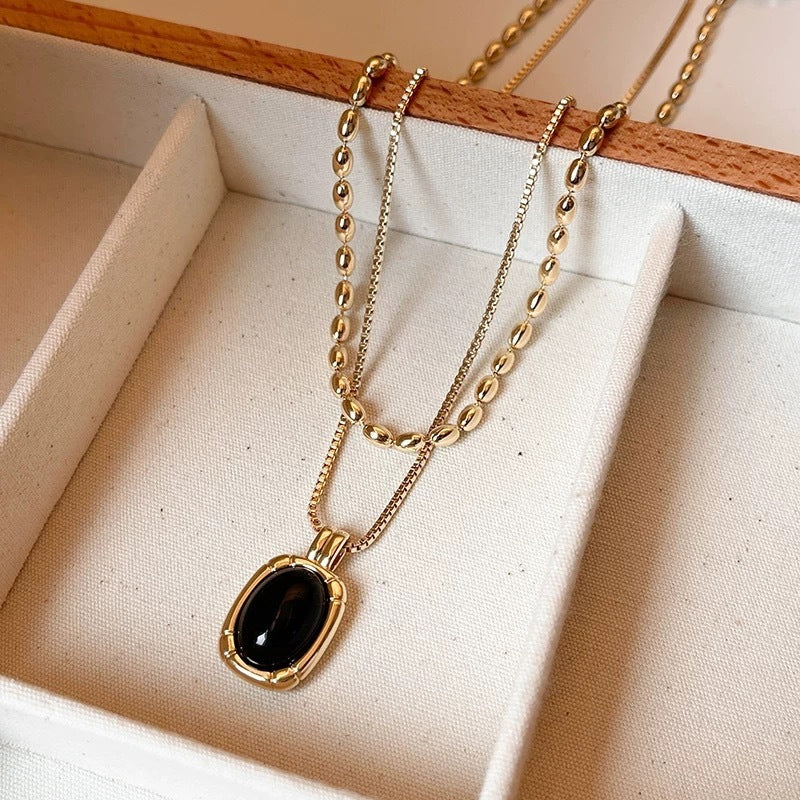 Double-layer Elegant Twin Metal Black Bead Necklace